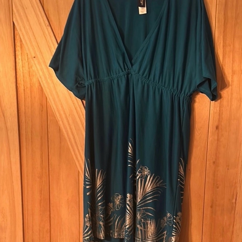 Teal V-Neck Swim Cover Up Silver Palm Print
